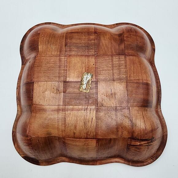 Vintage Woven Wooden Bowl Parquet Patchwork Checkerboard Pattern Scalloped 11" - Picture 5 of 8